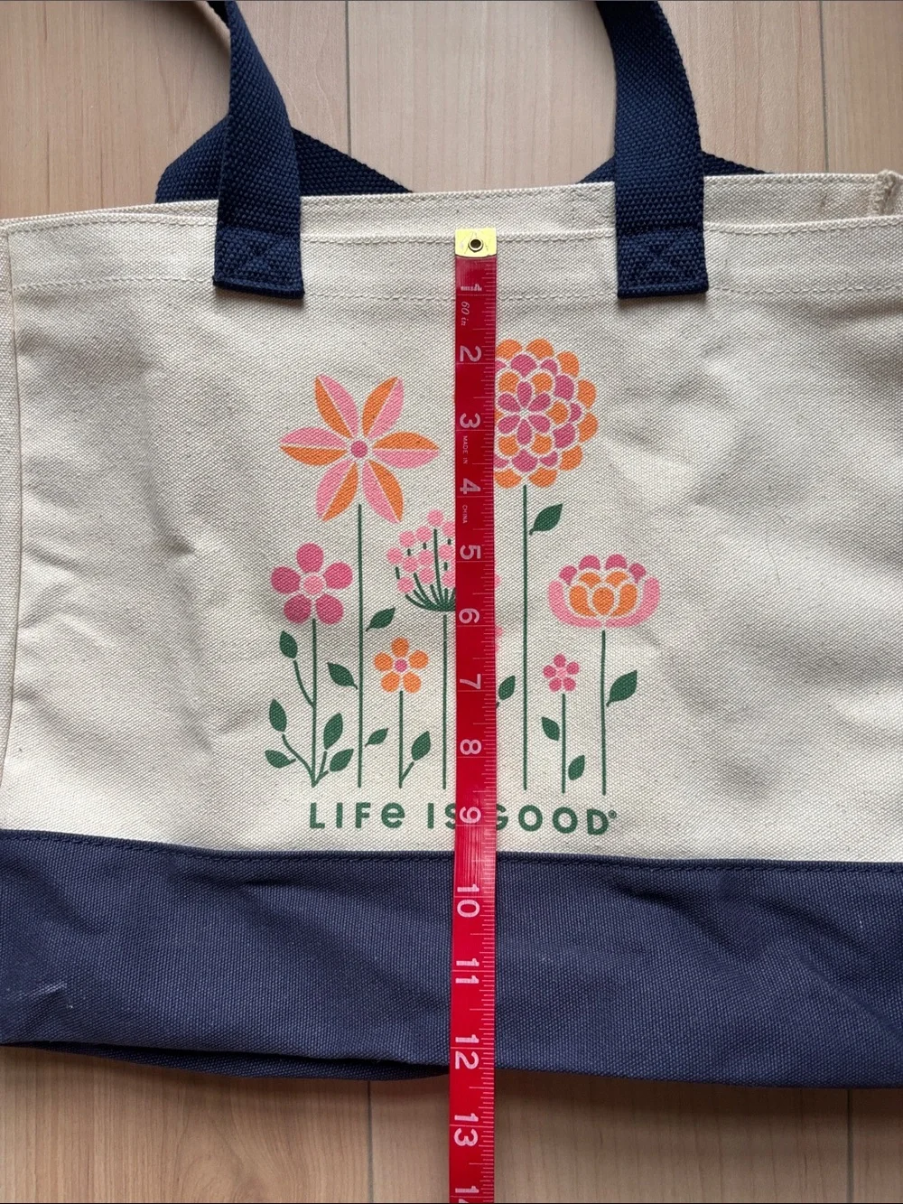 Life Is Good Canvas Tote. Blue & Off White With Floral Print.